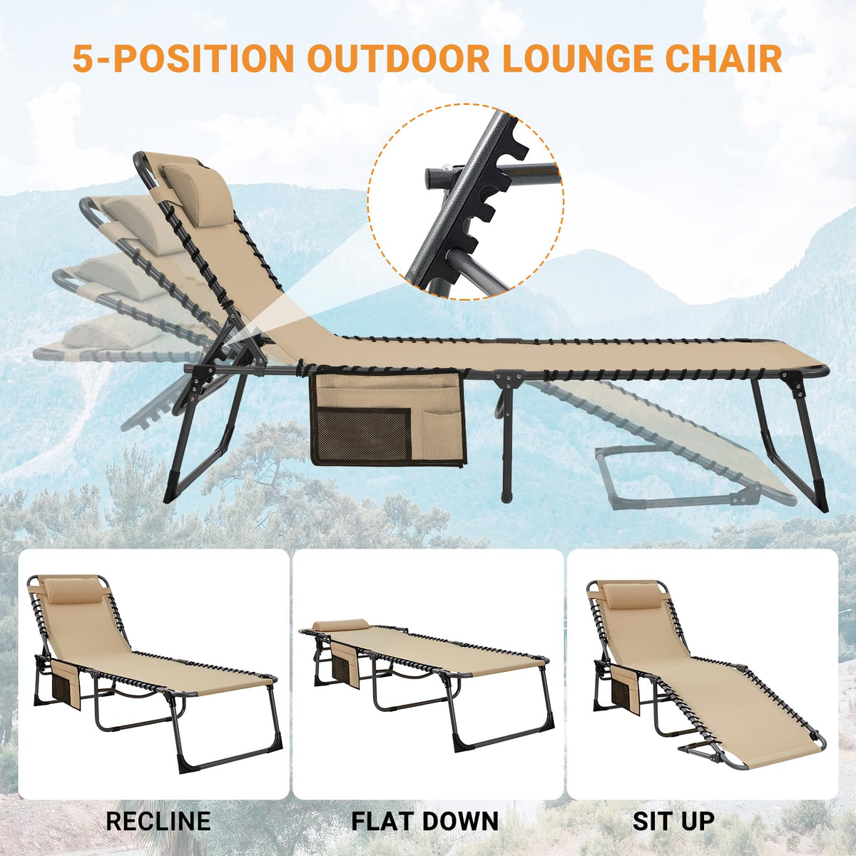 Kingcamp tri folding patio lounge chair portable cheap folding chaise bed for outdoor