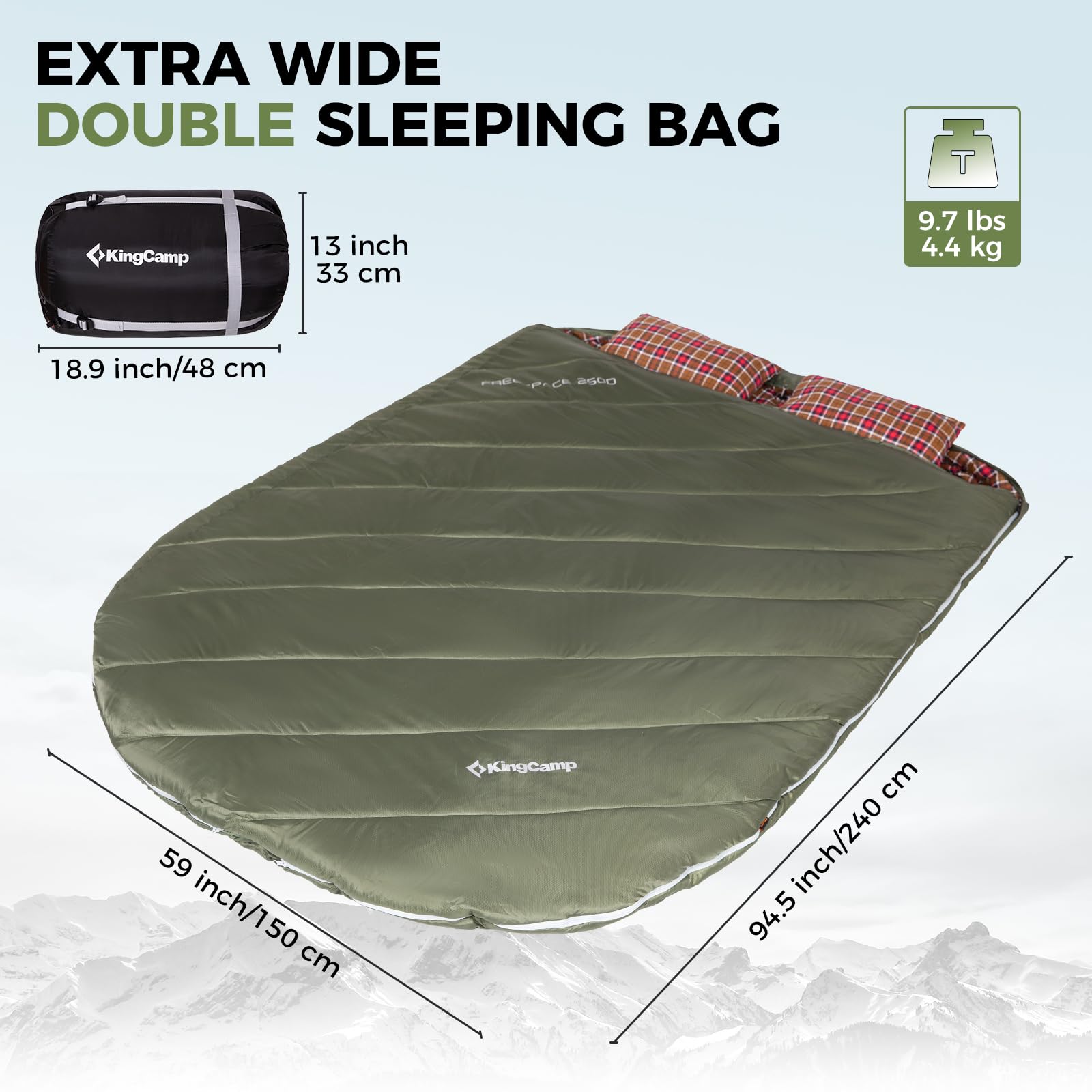 KingCamp FREESPACE 250D Flannel Lined Double Sleeping Bag