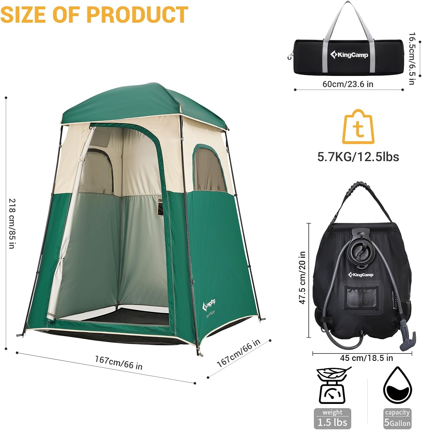 KingCamp Single Room Shower Tent with Solar Shower Set