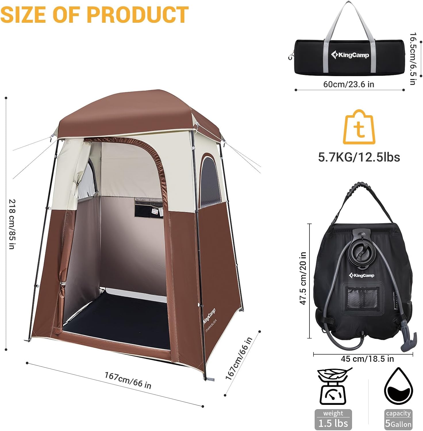 KingCamp Single Room Shower Tent with Solar Shower Set