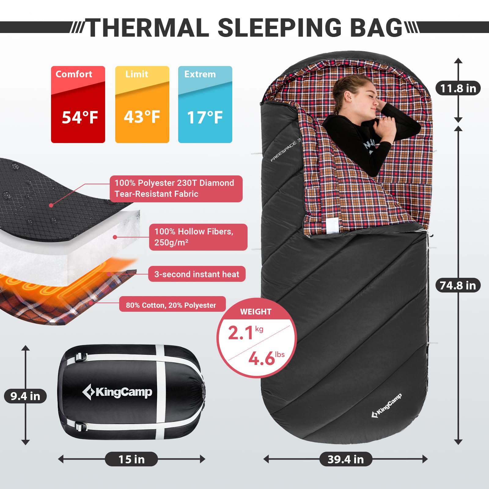 KingCamp FREESPACE 250 Extra Wide Heated Sleeping Bag