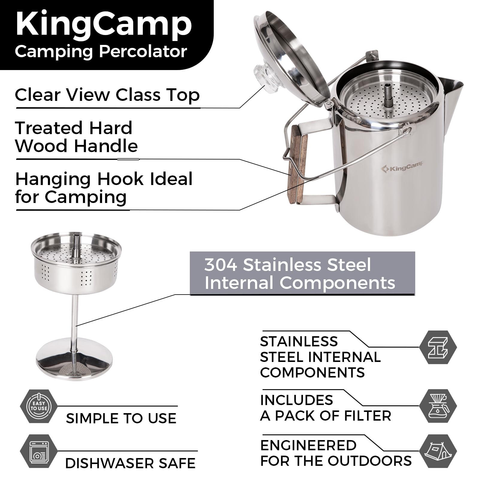 KingCamp 9 Cup Stainless Steel Camping Coffee Percolator