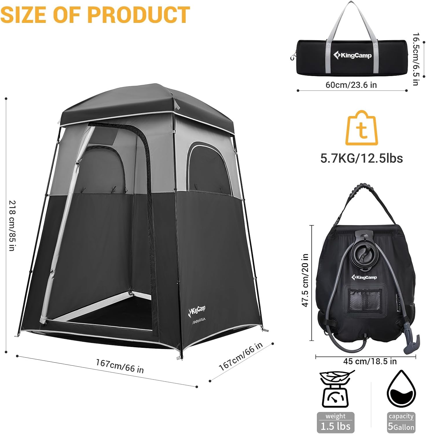 KingCamp Single Room Shower Tent with Solar Shower Set