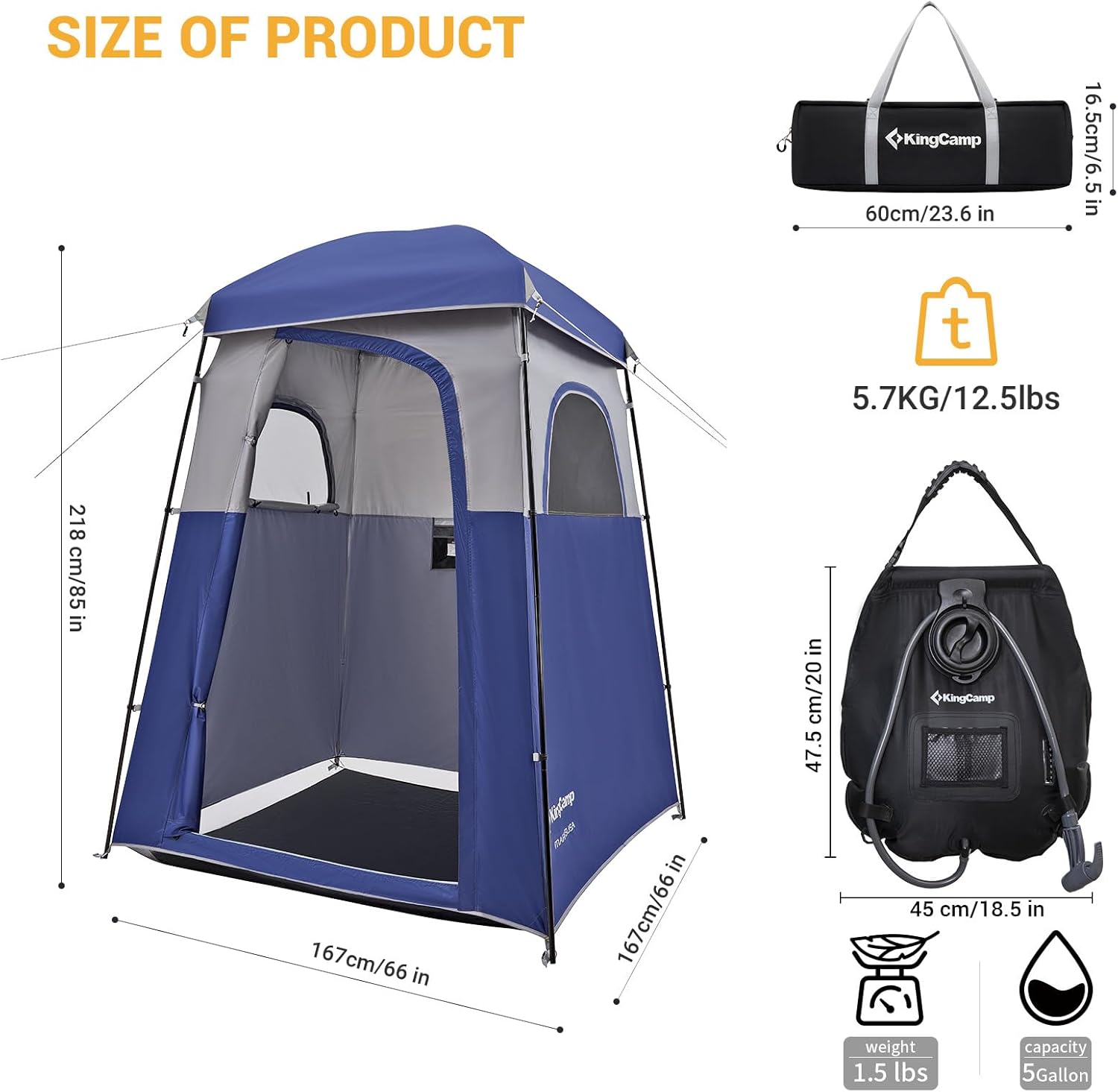 KingCamp Single Room Shower Tent with Solar Shower Set