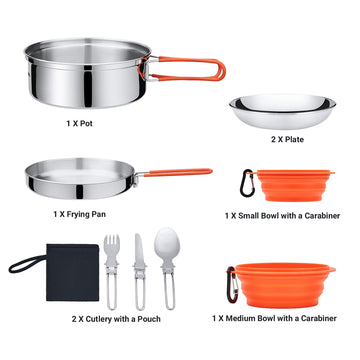 17PCS Stainless Steel Camping Cookware Mess Kit Nonstick